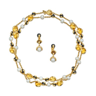 View full screen - View 1 of Lot 89. Citrine, Black Jade, and Cultured Pearl 'Cardan' Necklace and Pair of Earclips.