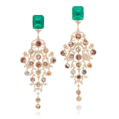 View full screen - View 1 of Lot 121. Pair of emerald, coloured diamond and diamond earrings.