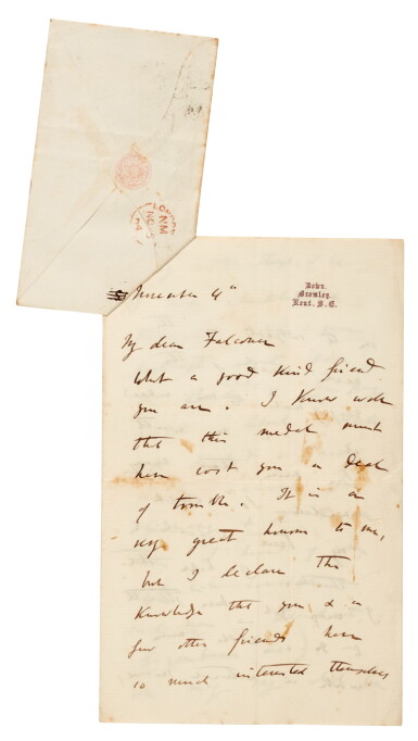 View full screen - View 1 of Lot 245. Charles Darwin | Autograph letter signed, to Hugh Falconer, on being awarded the Copley medal, 4 November 1864.