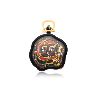View full screen - View 1 of Lot 115. An unusual gold and blackened asymmetrical double open-faced keyless lever watch made to commemorate the anniversary of the universal declaration of human rights Circa 1991, no. 125/999.