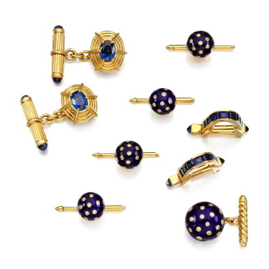 View full screen - View 1 of Lot 218. Enamel and diamond dress set, Verdura, a pair of sapphire cufflinks, Schlumberger for Tiffany & Co., and a pair of sapphire cufflinks.