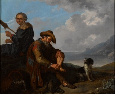View full screen - View 1 of Lot 30. JACOB TOORENVLIET | A southern coastal landscape with a pair of figures and a dog resting in the foreground .