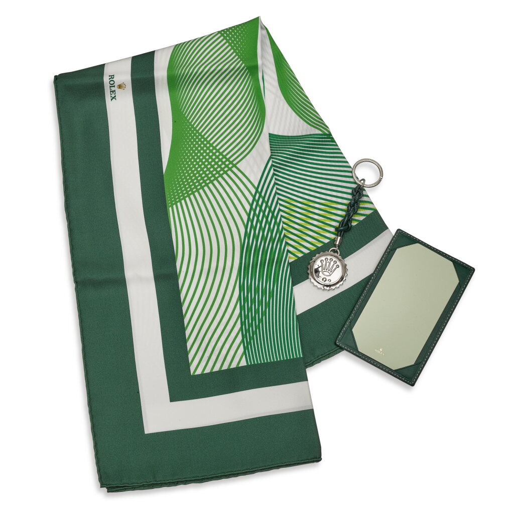View full screen - View 1 of Lot 8190. A set of leather notepad, keyring and silk scarf, Made for Baselworld, Circa 2011 | 勞力士 | 一套皮製記事本,鑰匙扣及絲巾,為 Baselworld 而製,約2011年製.