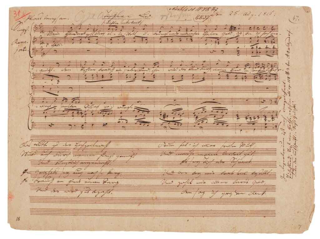 View full screen - View 1 of Lot 220. F. Schubert. Autograph manuscript of the songs "Tischlerlied", D.274, and "Totenkranz für ein Kind", D.275, 1815.