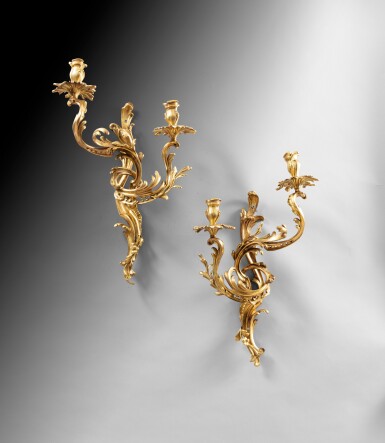 View full screen - View 1 of Lot 66. A Louis XV gilt-bronze wall appliques, circa 1745 | Paire d'appliques en bronze doré d'époque Louis XV, vers 1745.