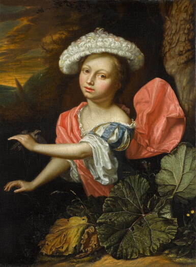 View full screen - View 1 of Lot 153. Portrait of a young boy wearing a feathered hat, with a bird perched on his left hand, and vegetation in the foreground.