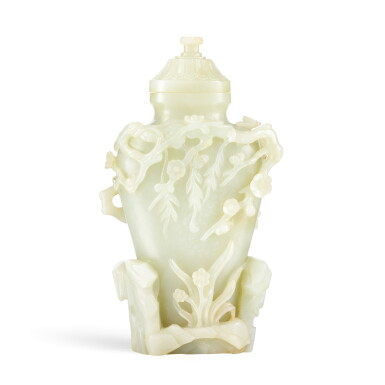 View full screen - View 1 of Lot 3650. A pale celadon jade 'prunus' vase and cover Qing dynasty, Qianlong period | 清乾隆 青白玉浮雕梅竹雙清蓋瓶.