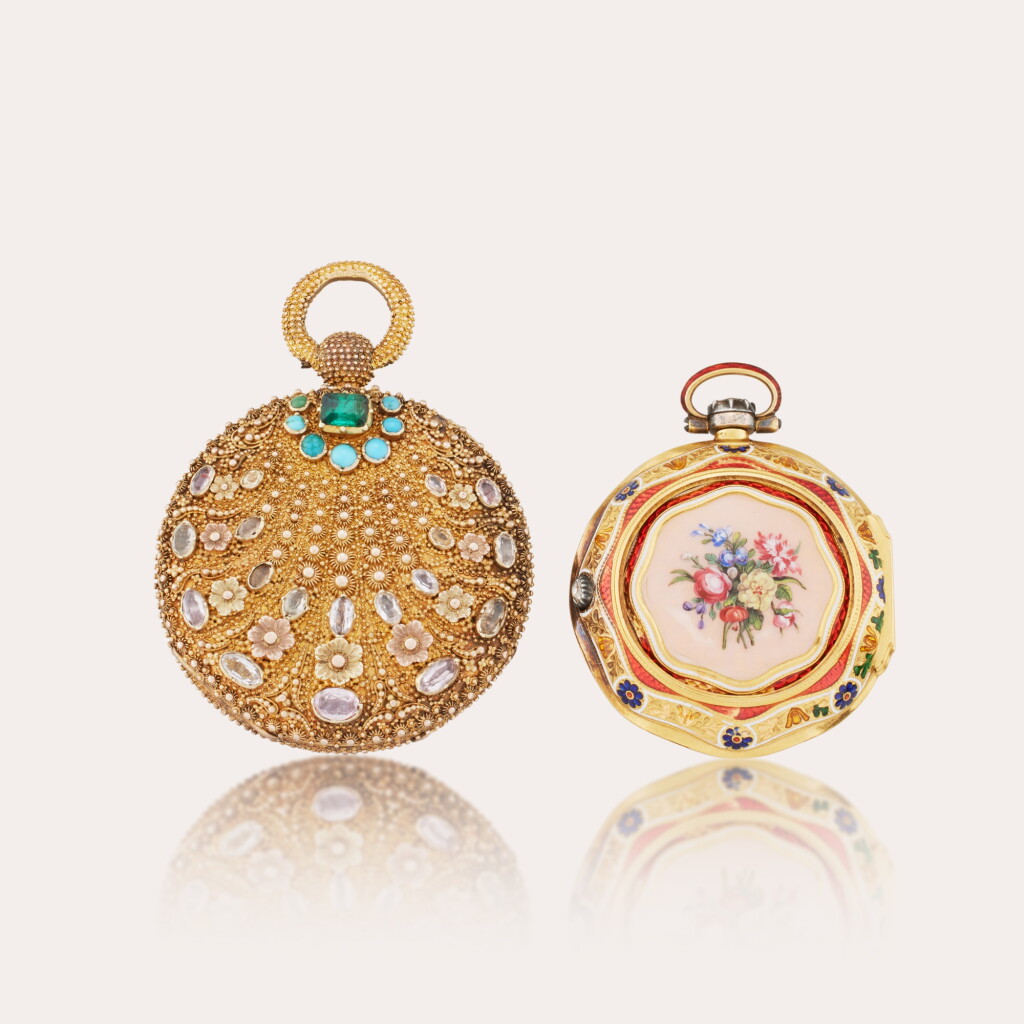 View full screen - View 1 of Lot 396. A yellow and pink gold precious gem-set and filigreed open faced watch, attributed to Pierre Simon Gounouilhou, and a yellow gold, diamond-set, and enamel triple case watch with Turkish numerals, Made for the Turkish market, attributed to George Prior, London, Circa 19th century.