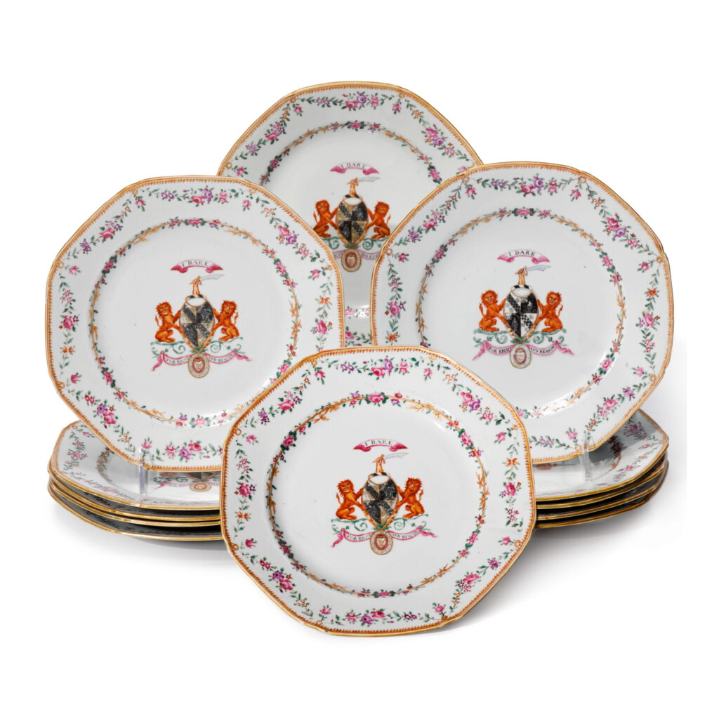 View full screen - View 1 of Lot 1881. A SET OF ELEVEN CHINESE EXPORT PORCELAIN FAMILLE-ROSE ARMORIAL OCTAGONAL PLATES, QING DYNASTY, QIANLONG PERIOD, CIRCA 1773 | 清乾隆 約1773年 粉彩紋章圖六方盤十一件.