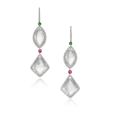 View full screen - View 1 of Lot 434. Pair of Rock Crystal, Ruby, Tsavorite Garnet and Diamond Earrings.