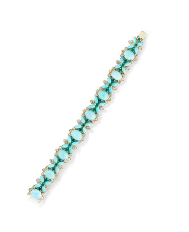 View full screen - View 1 of Lot 232. Bracelet turquoises, émeraudes et diamants | Turquoise, emerald and diamond bracelet.