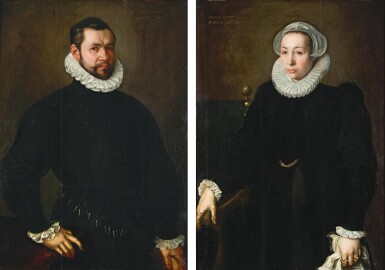 View full screen - View 1 of Lot 132. FOLLOWER OF WILLEM KEY | Portrait of a man in black, holding a glove in his left hand; Portrait of his wife, wearing black with white cuffs, ruff and cap, a handkerchief in her left hand.
