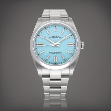 View full screen - View 1 of Lot 621. Oyster Perpetual 'Tiffany Blue', Reference 126000 | A stainless steel wristwatch with turquoise blue lacquer dial and bracelet | Circa 2021.