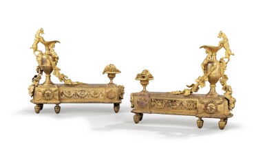 View full screen - View 1 of Lot 350. A pair of Louis XVI style gilt-bronze chenets, late 19th century.