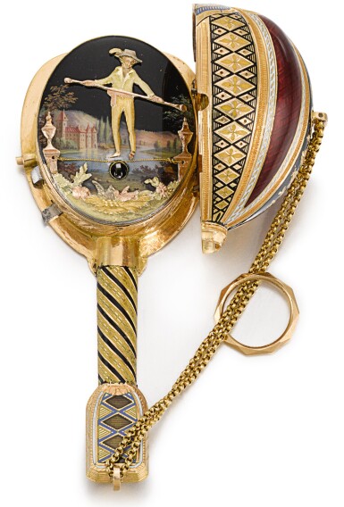 View full screen - View 1 of Lot 37. 'THE TIGHTROPE DANCER' SWISS | A VERY RARE AND FINE GOLD, ENAMEL AND PEARL-SET MUSICAL MANDOLIN WITH AUTOMATON SCENE OF A TIGHTROPE WALKER IN ASSOCIATED DESOUTTER BOX CIRCA 1810.