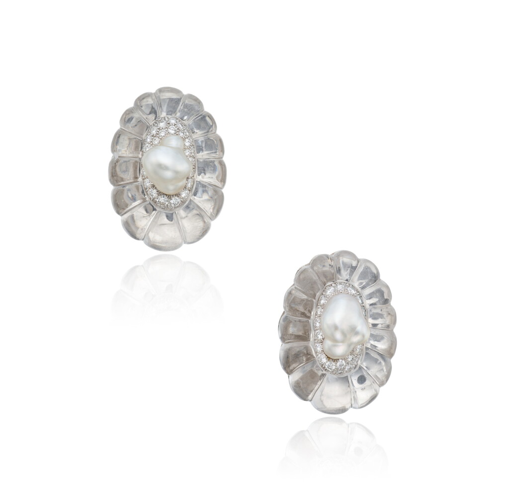 View full screen - View 1 of Lot 57. Pair of Rock Crystal, Cultured Pearl and Diamond Earclips.