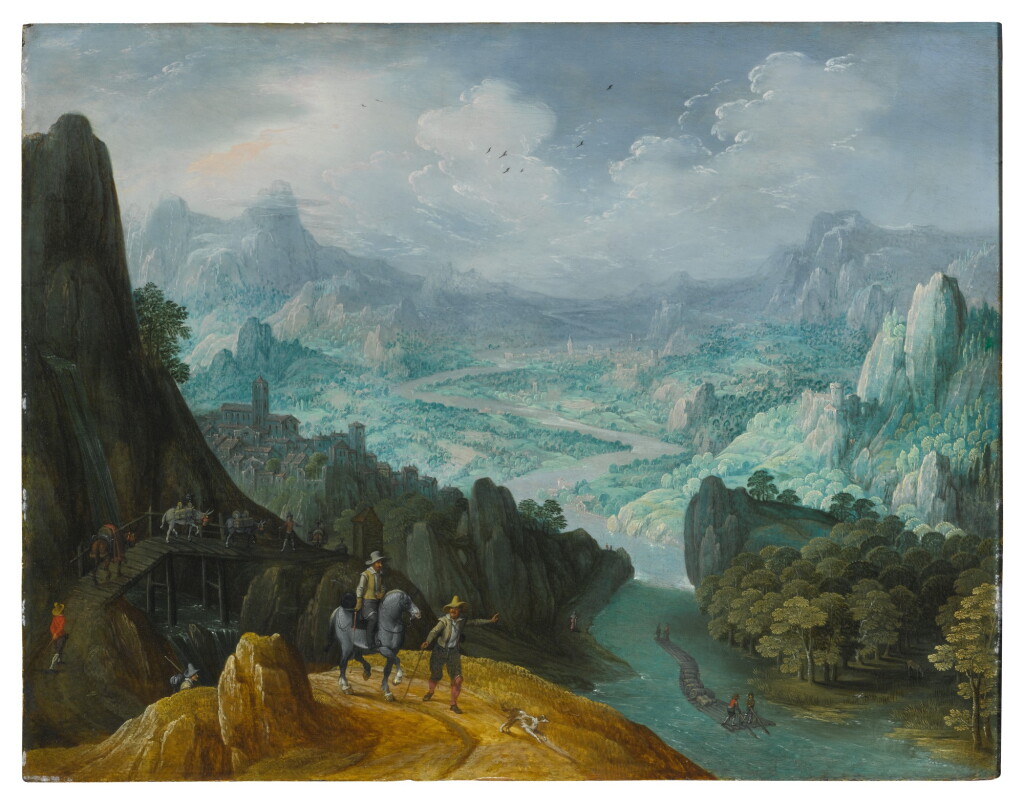 View full screen - View 1 of Lot 91. TOBIAS VERHAECHT | MOUNTAINOUS RIVER LANDSCAPE WITH TRAVELERS.