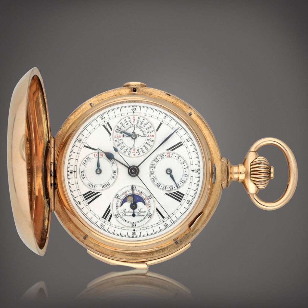 View full screen - View 1 of Lot 415. A pink gold hunting cased perpetual calendar minute repeating chronograph watch with moon phases and leap-year indication | Circa 1908.