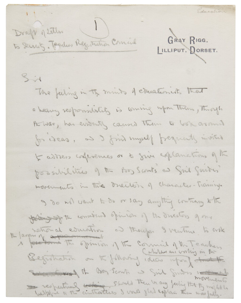 View full screen - View 1 of Lot 25. Baden-Powell, autograph draft letter on the educational role of scouting, 1916-18.