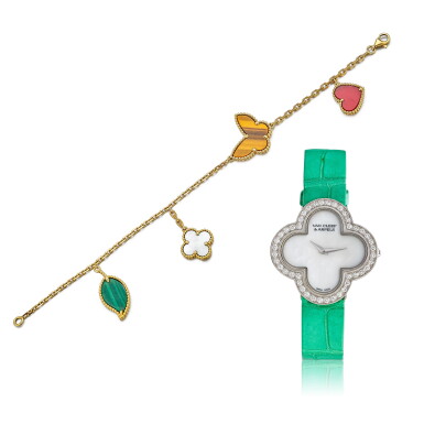 View full screen - View 1 of Lot 1603. ‘Lucky Alhambra’ Gem Set Bracelet and ‘Alhambra’ Mother-of-Pearl and Diamond Wristwatch | 梵克雅寶 | ‘Lucky Alhambra’ 寶石 手鏈 及 ‘Alhambra’ 貝母 配 鑽石 腕錶.