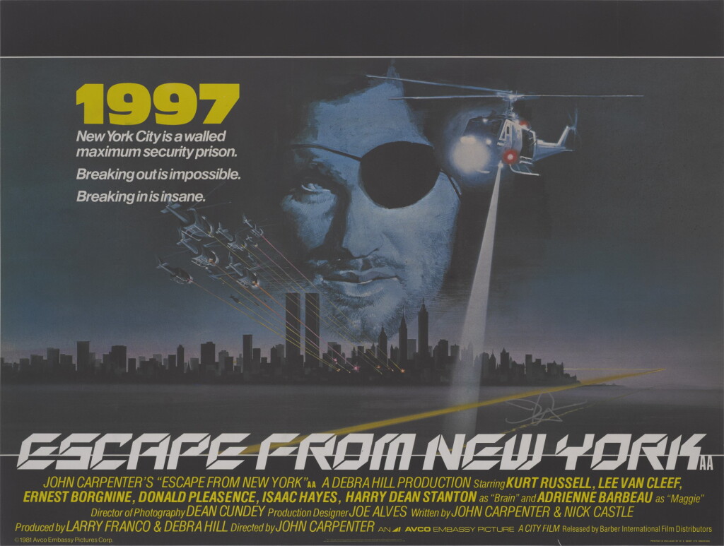 View full screen - View 1 of Lot 234. ESCAPE FROM NEW YORK (1981) POSTER, BRITISH, SIGNED BY JOHN CARPENTER.