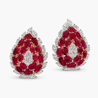 View full screen - View 1 of Lot 1451. Pair of Ruby and Diamond Earrings | 紅寶石 配 鑽石 耳環一對(紅寶石總重約10.39克拉).