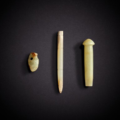 View full screen - View 1 of Lot 7849. Three jade ornaments, Neolithic period - Shang dynasty | 新石器時代至商 玉飾三件.
