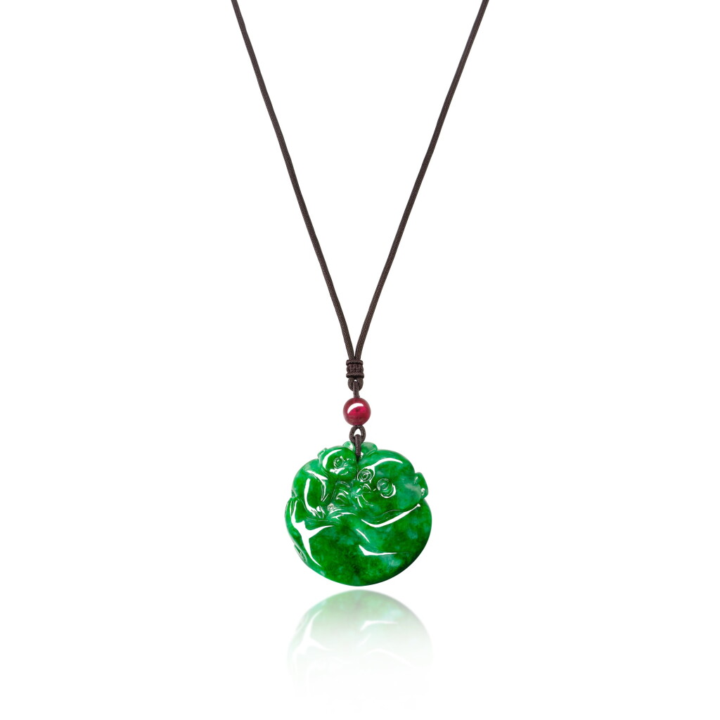 View full screen - View 1 of Lot 1672. Carved Jadeite and Tourmaline Pendent Necklace | 天然翡翠雕「靈猴」 配 碧璽 吊墜項鍊.