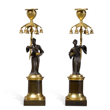 View full screen - View 1 of Lot 9. A pair of Regency ormolu-mounted patinated bronze chinoiserie figural candlesticks , circa 1810.