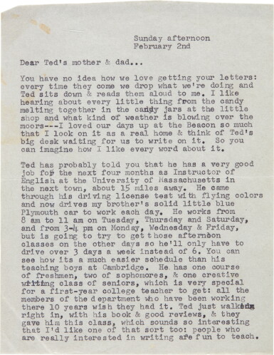 View full screen - View 1 of Lot 355. Sylvia Plath | Typed letter signed, to Edith & William Hughes, on life in America, 2 February 1958.