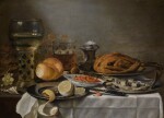 PIETER CLAESZ. | A roemer, tobacco, a chicken, a herring and a partially peeled lemon on a pewter plate, with shrimp in a porcelain bowl, and other fruit, on a partially draped table