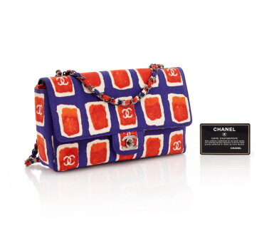 View full screen - View 1 of Lot 174. CHANEL | NAVY BLUE SILK WITH DARK SILVER-TONE METAL CLASSIC SHOULDER BAG .