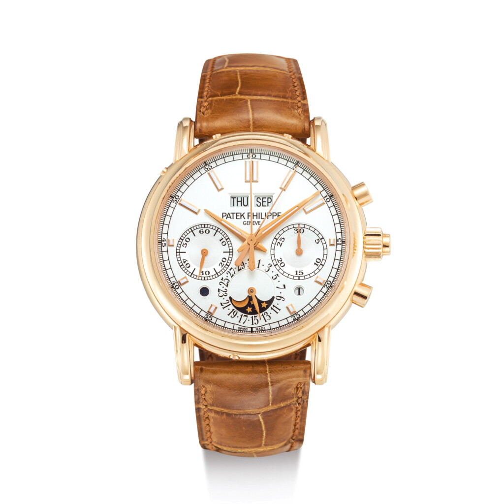 View full screen - View 1 of Lot 2311. PATEK PHILIPPE | REFERENCE 5204 A PINK GOLD PERPETUAL CALENDAR SPLIT SECONDS CHRONOGRAPH WRISTWATCH WITH MOON PHASES, LEAP YEAR AND DAY AND NIGHT INDICATION, CIRCA 2016 | 百達翡麗 | "型號5204 粉紅金萬年曆追針計時腕錶,備月相、閏年及晝夜顯示,機芯編號5252628,錶殼編號6121613,約2016年製".