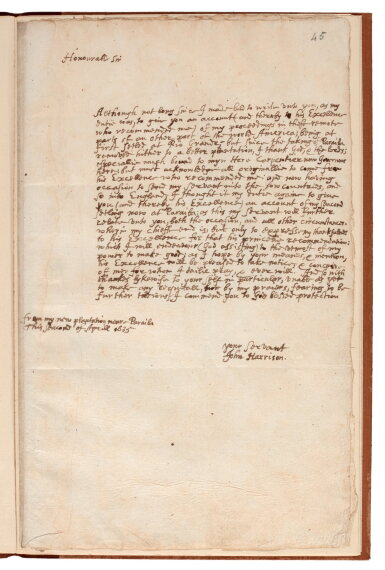 View full screen - View 1 of Lot 158. Brazil—John Harrison | Autograph letter signed, writing as an early European settler in Brazil, 1635.