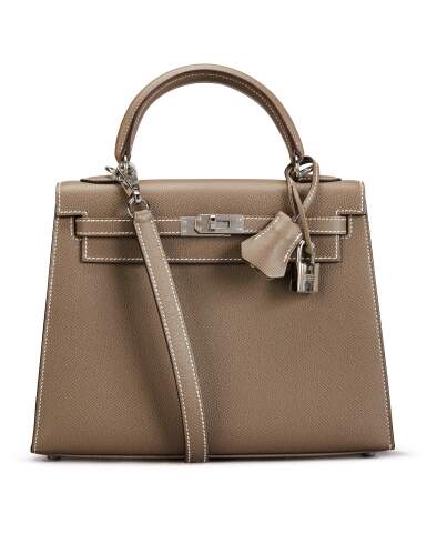 View full screen - View 1 of Lot 21. Taupe Sellier Kelly 28cm in Epsom Leather and White Contrast Stitching with Palladium Hardware, 2008.