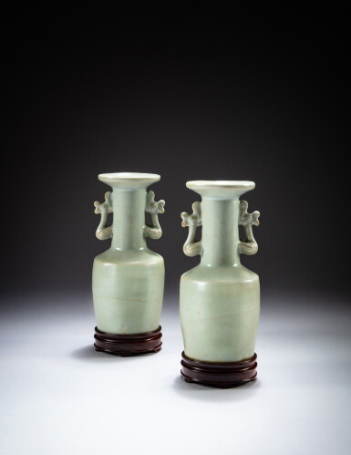 View full screen - View 1 of Lot 31. A rare pair of 'Longquan' celadon-glazed mallet vases, Southern Song dynasty | 南宋 龍泉窰青釉雙鳳耳盤口瓶一對.
