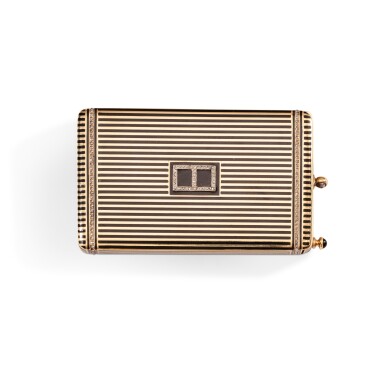 View full screen - View 1 of Lot 34. A jewelled gold, enamel and ivory Art Deco vanity case, New York, circa 1925, retailed by Saks Fifth Avenue | Vanity case Art déco en or, émail et ivoire, New York, vers 1925, cachet de vendeur de Saks Fifth Avenue, .