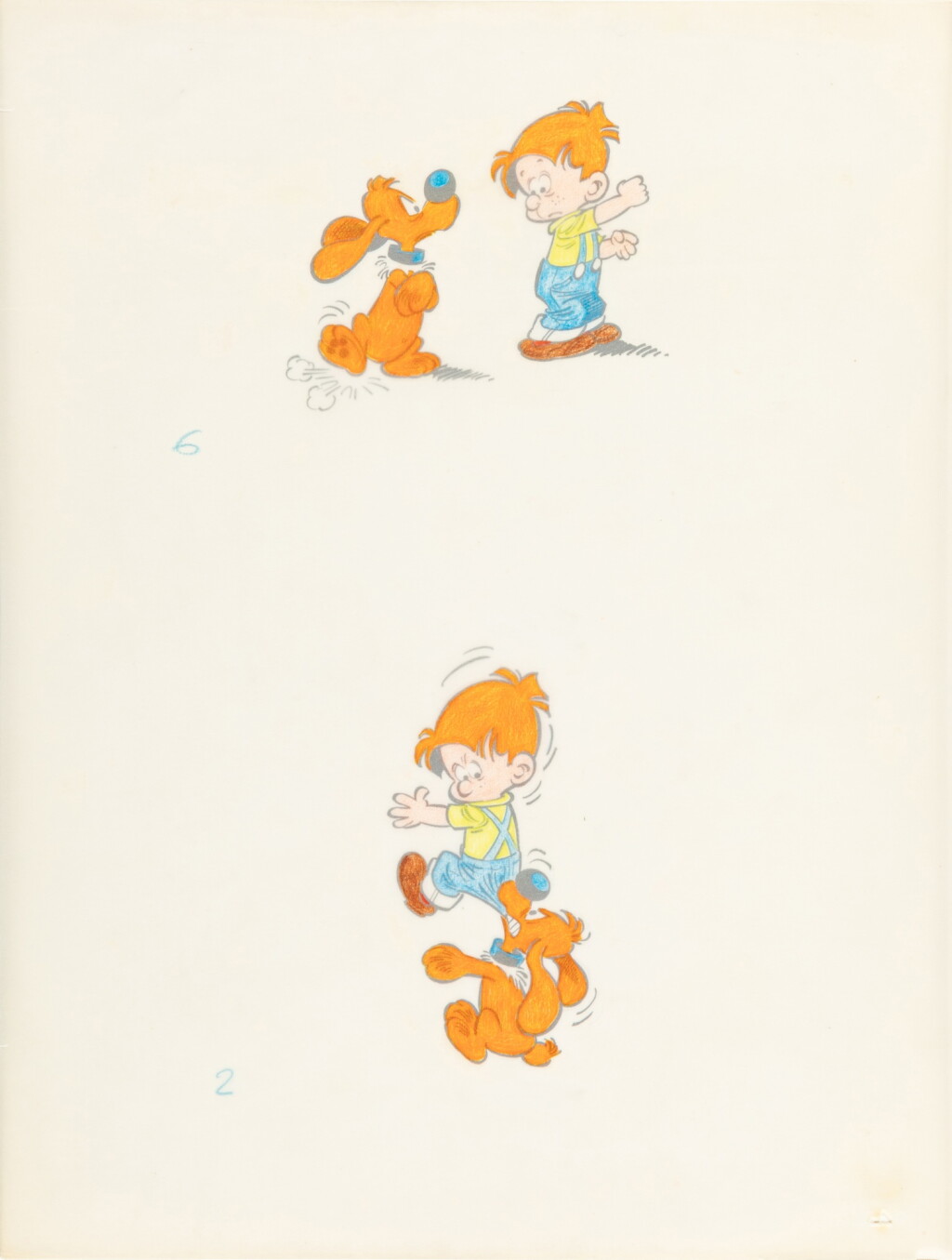 View full screen - View 1 of Lot 202. Boule & Bill. 2 dessins originaux, sur un feuillet. Encre de Chine, et sa mise en couleurs sur calque..