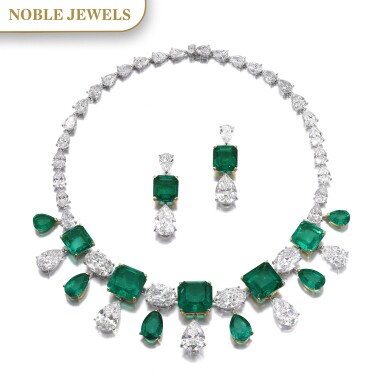 View full screen - View 1 of Lot 167. Moussaieff | Impressive emerald and diamond demi-parure | Moussaieff | 祖母綠配鑽石首飾套裝.