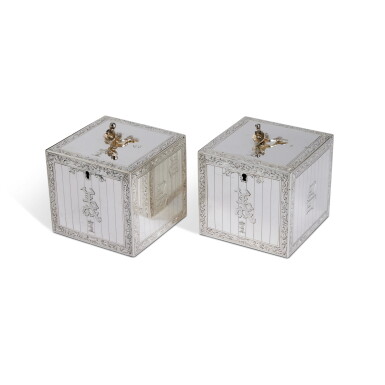 View full screen - View 1 of Lot 1116. A Pair of George III Silver Chinoiserie Tea Caddies, Aaron Lestourgeon, London, 1771.