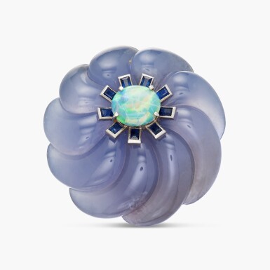 View full screen - View 1 of Lot 260. Chalcedony, Opal and Sapphire Clip-Brooch, France.