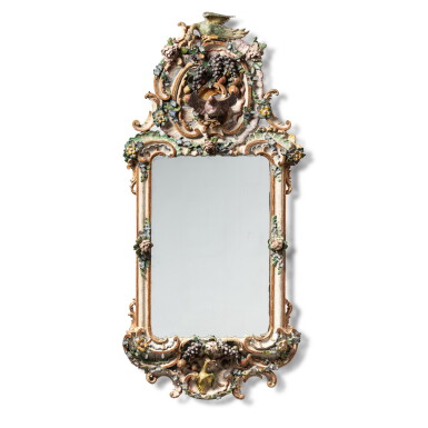 View full screen - View 1 of Lot 517. A South German carved polychrome-painted mirror, probably Bayreuth, circa 1750-1760.