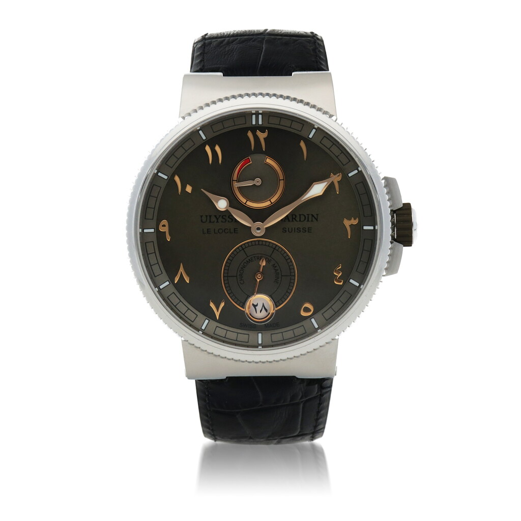 View full screen - View 1 of Lot 419. MARINE CHRONOMETER STAINLESS STEEL WRISTWATCH WITH DATE, POWER RESERVE INDICATION AND ARABIC DIAL CIRCA 2010.