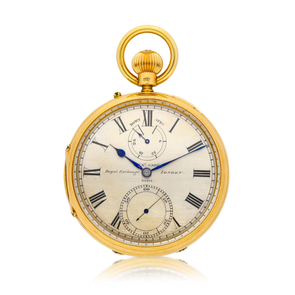 View full screen - View 1 of Lot 213. An open-faced keyless pocket chronometer with up-and-down Indication, no. 04925, movement circa 1870, case hallmarked 1877.