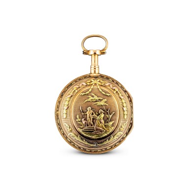 View full screen - View 1 of Lot 4014. FRANÇOIS RICHARD | A VARI-COLOUR GOLD OPENFACE KEYWOUND QUARTER REPEATING VERGE WATCH WITH ENAMEL DIAL, CIRCA 1780.