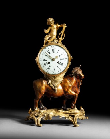 View full screen - View 1 of Lot 20. A Louis XV patinated and gilt-bronze mantel clock, circa 1750 | Pendule au taureau en bronze patiné et doré d'époque Louis XV, vers 1750.