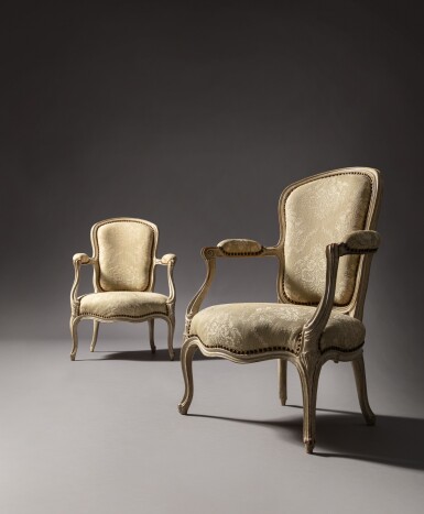 View full screen - View 1 of Lot 430. A pair of Louis XV lacquered wood armchairs, stamped by Jean-Baptiste Boulard, circa 1765 delivered for the duc de Choiseul at Chanteloup| Paire de fauteuils en bois laqué d'époque Louis XV, estampille de Jean-Baptiste Boulard, vers 1725, livrée pour le duc de Choiseul à Chanteloup.