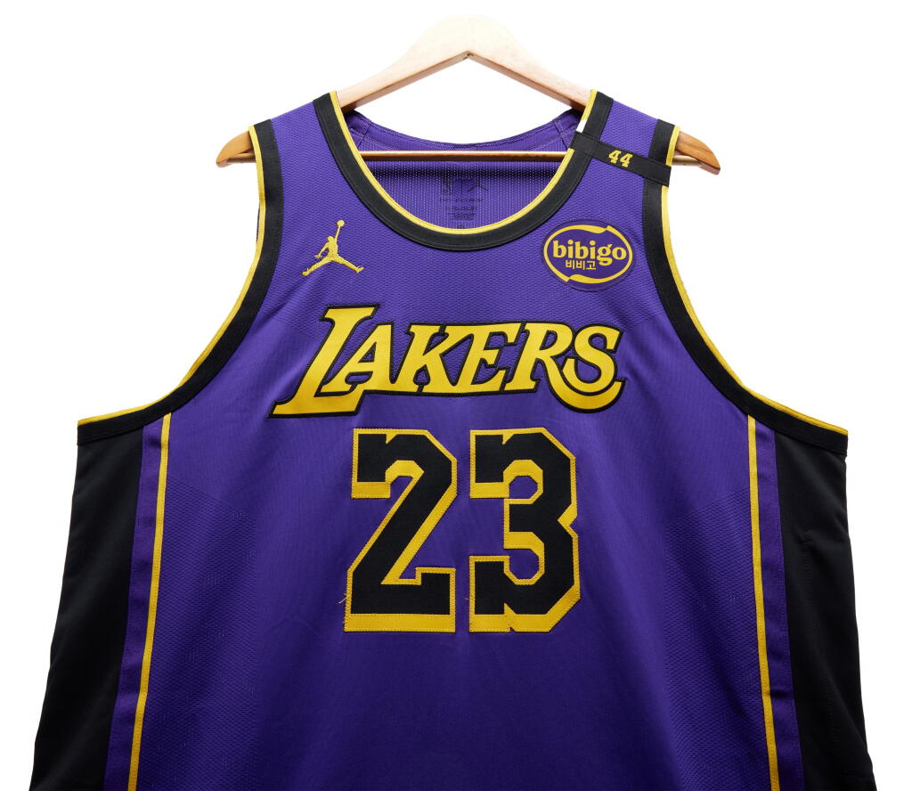 View full screen - View 1 of Lot 5. LeBron James Los Angeles Lakers 2024-2025 Emirates NBA Cup Game Worn Statement Edition Jersey | Double-Double.
