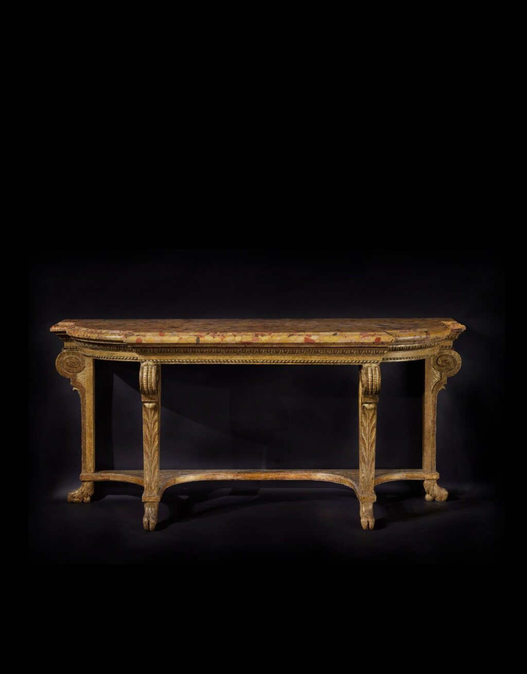 View full screen - View 1 of Lot 10. A Royal Late Louis XV Carved Giltwood Console Table bearing the stamp of the Garde-Meuble de la reine Marie-Antoinette, Circa 1770.