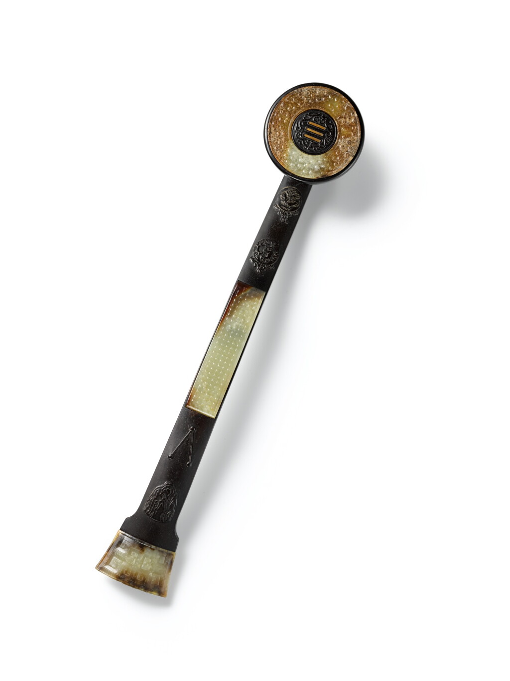 View full screen - View 1 of Lot 3743. An important imperial inscribed jade-inlaid zitan 'Twelve Symbol' ruyi sceptre, Yuti mark and period of Qianlong, dated to the xinzhou year (1781) | 清乾隆 御賞紫壇嵌漢玉雕十二章如意 《乾隆辛丑御題》款 「古香」印.